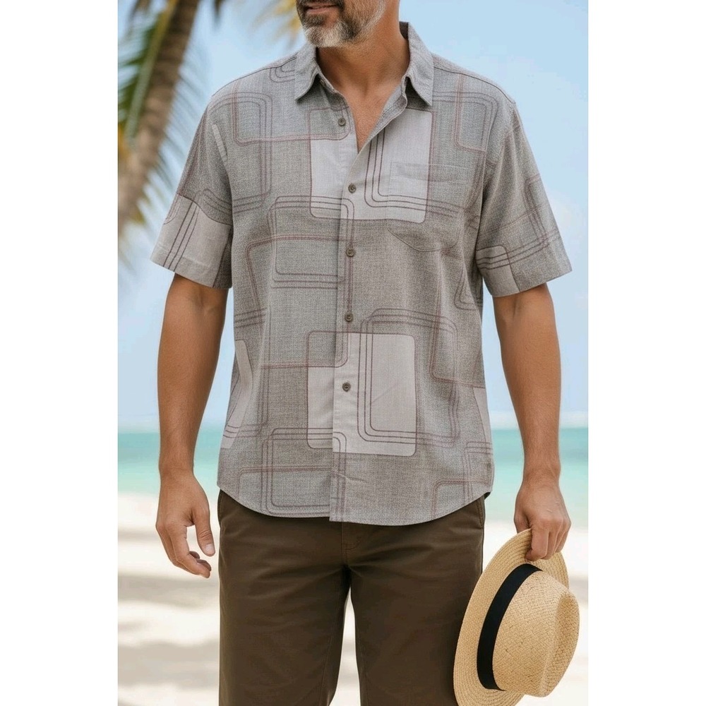 Tommy BAHAMA Men's Size L Hawaiian Buttoned Down 100% Silk Short Sleeve Brown